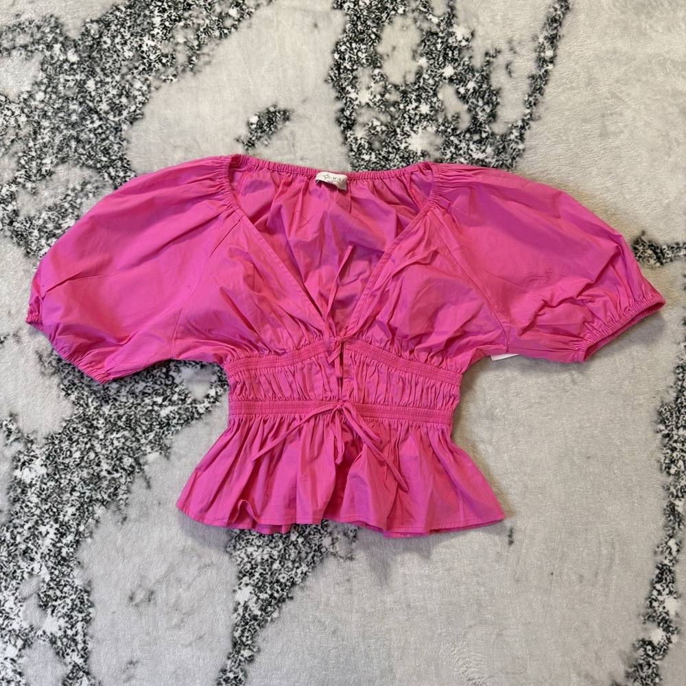 WAYF Blouse Womens Size‎ XS Pink Puff Sleeve Wrap Ruffle Crop Romantic Ties